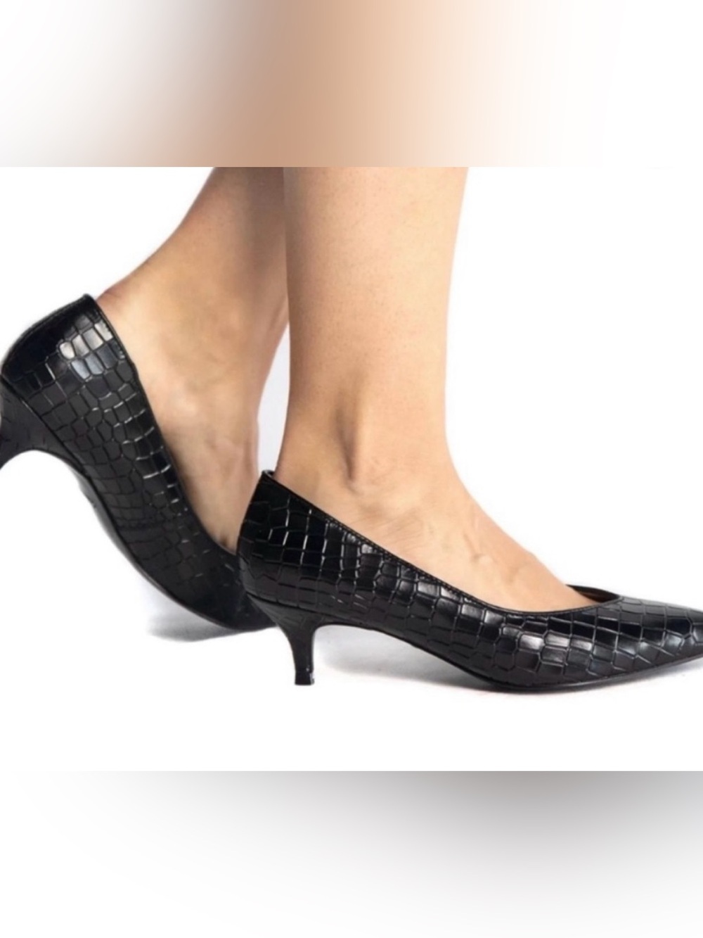 Vionic Black Croc-Embossed Pointed-Toe Kitten Heels - Picture 2 of 9
